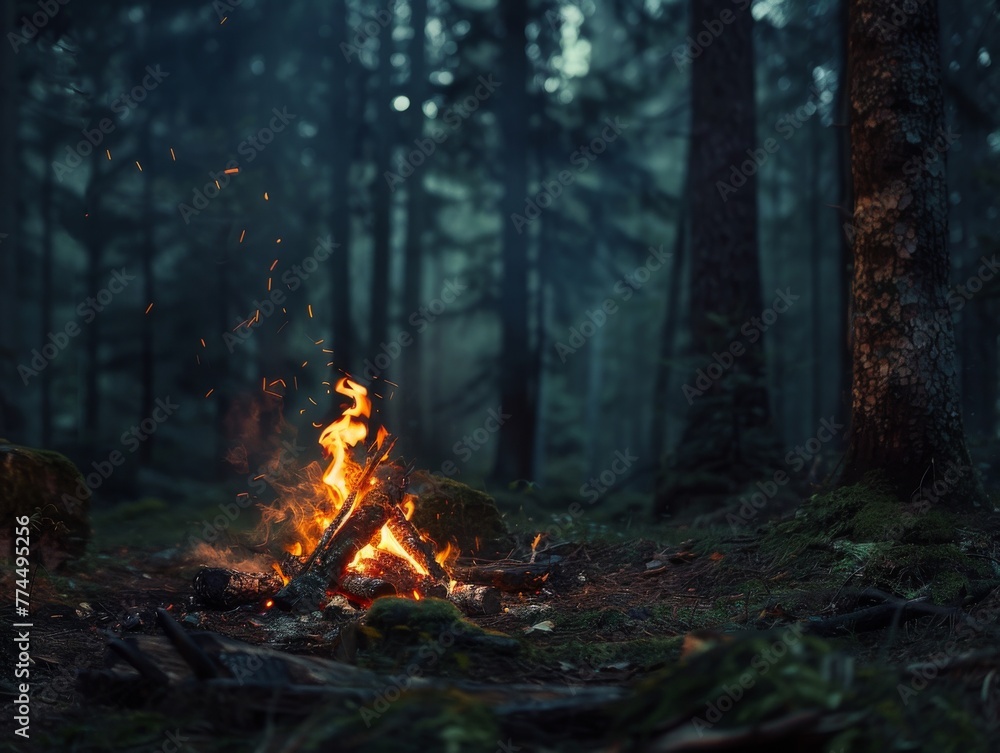 A tranquil snapshot unveils a secluded forest's hidden gem: an intimate campfire scene, echoing the wanderlust spirit and profound reverence for nature's untamed splendor.