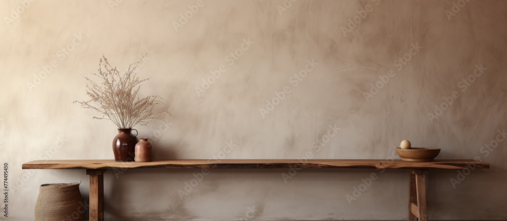 The image shows a simple wooden table featuring a vase and another vase placed on top of it. - obrazy, fototapety, plakaty 