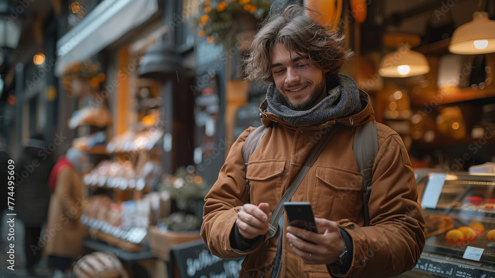 Happy man holding smartphone with social media interface,generative ai
