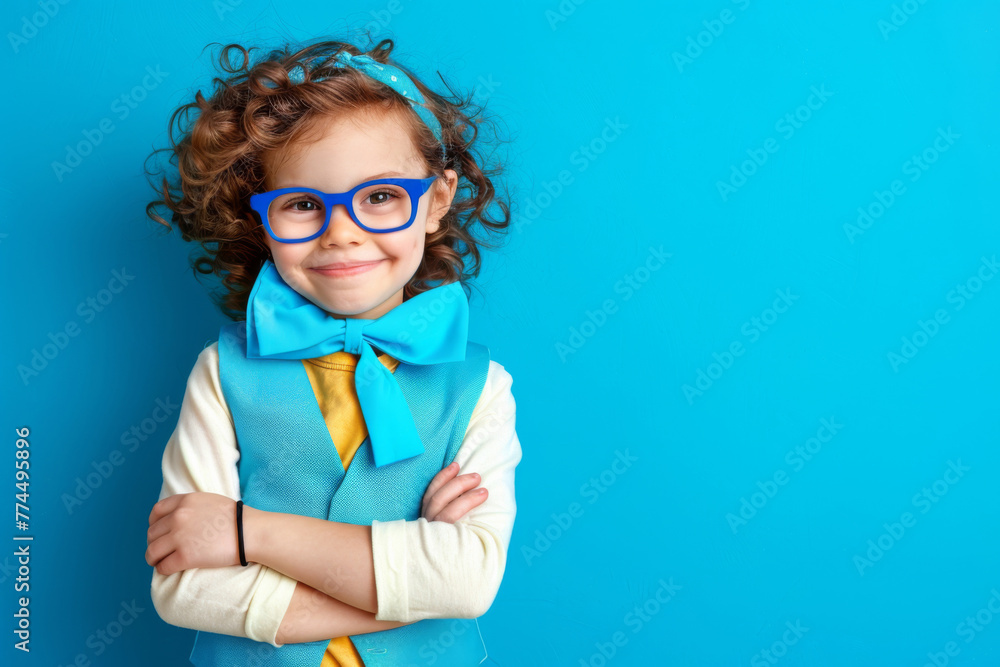 Child dressed as a teacher on a bright background. Child dressed as a teacher on a bright background.