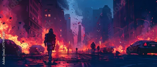 A scene of civil unrest with rioters causing chaos and setting fires in city streets. Concept Civil Unrest, Rioters, Chaos, City Streets, Fires photo