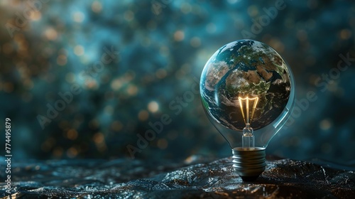 Earth hour  ecology and environment concept. Blue planet Earth in space in a glowing light bulb on represents Earth Day in a romantic way.