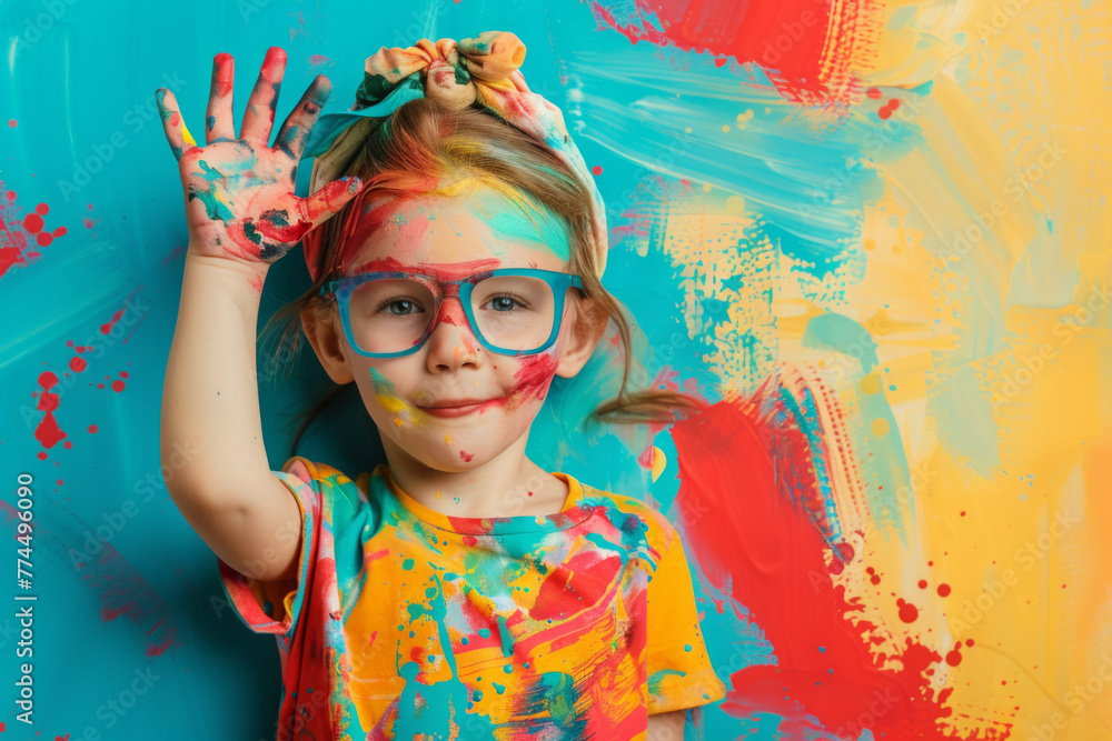 Fototapeta premium Child dressed as an artist on a bright background.