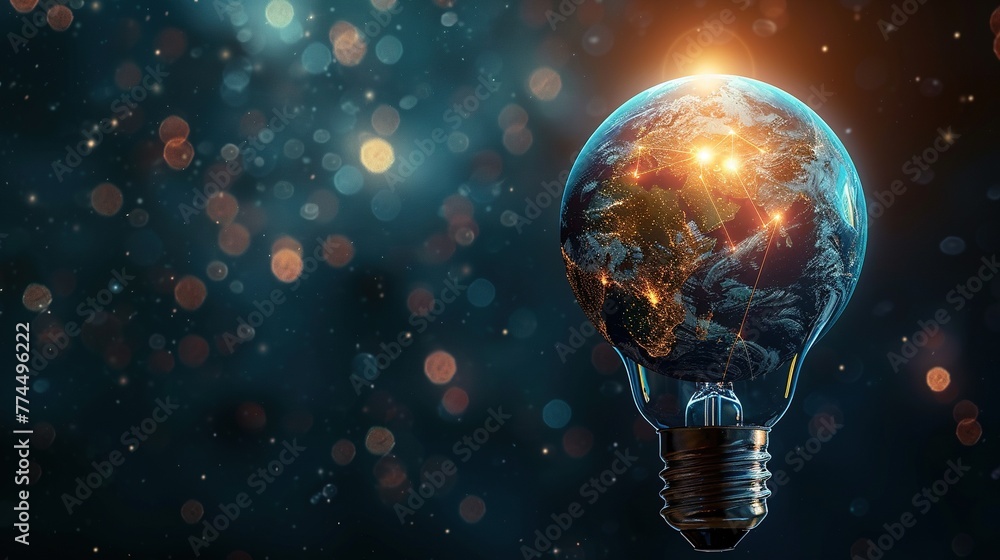 Earth hour, ecology and environment concept. Blue planet Earth in space in a glowing light bulb on represents Earth Day in a romantic way. Earth hour, ecology and environment concept. Blue planet Earth in space in a glowing light bulb on represents Earth Day in a romantic way.