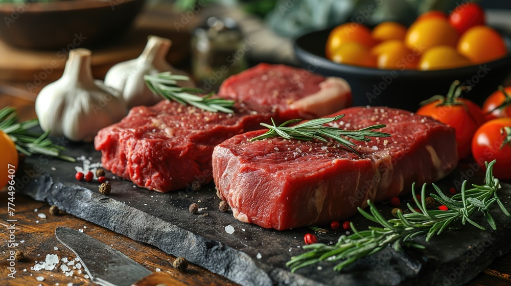 Variety of raw beef steaks. Created with generative AI. Variety of raw beef steaks. Created with generative AI.