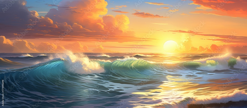 Vivid painting capturing a breathtaking sunset scene over the ocean with waves crashing against the shore