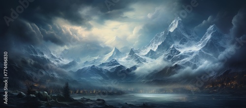 Scenic artwork depicting a serene lake nestled amidst a majestic mountain range in the backdrop