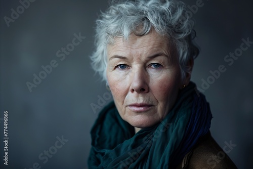 Portrait of sad senior woman with grey hair and scarf looking at camera