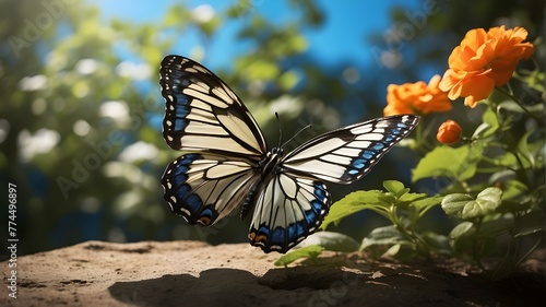 An English Aspiration for change and ambition for improvement and success as a metaphor for growth and transformation as a butterfly casting a shadow of a flying bird. The image depicts a serene outdo photo