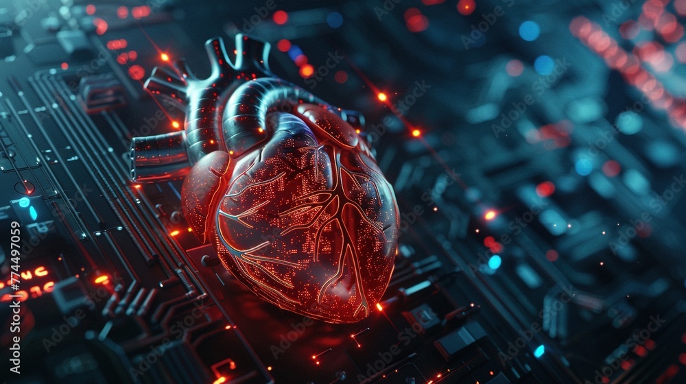 Fototapeta premium Anatomy of human heart on ecg medical background. 3d render. Heart in technological theme concept.
