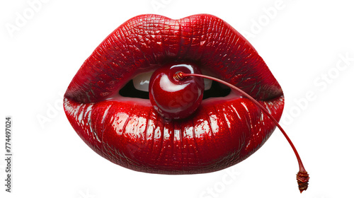 Woman lips with a cherry. Sexy female red lips and lipstick isolated on transparent background