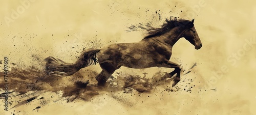 Horse Silhouette on Beige - Equestrian Art - Dynamic Movement - Ink Splash Effect