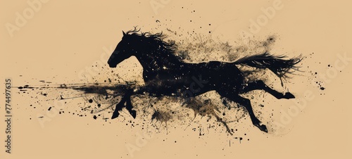 Horse Silhouette on Beige - Equestrian Art - Dynamic Movement - Ink Splash Effect © Ibad