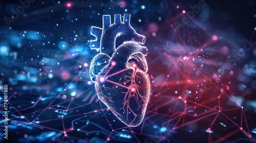 Illustration of a human heart in the center of a data network - medical data management - connected health data