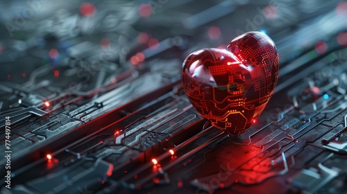 Anatomy of human heart on ecg medical background. 3d render. Heart in technological theme concept.