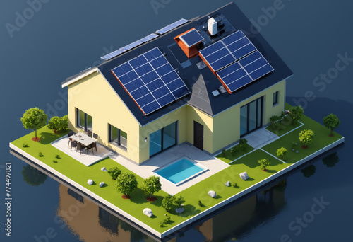 Sketch paint drawing of isolated electricity offgrid house with alternative solar panels powered energy source. Renewable green technology