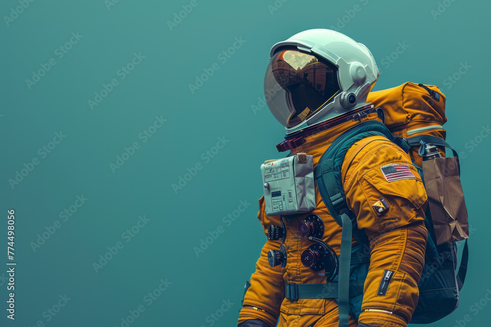an astronaut is carrying two shopping bags against a vivid mint blue background generative ai an astronaut is carrying two shopping bags against a vivid mint blue background generative ai