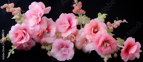 Cluster of beautiful pink flowers contrasts strikingly against a dark black background