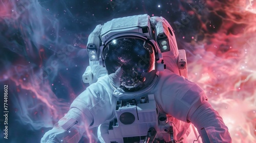 astronaut floating in space with neon clouds in the background