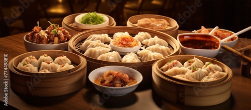 A wooden table is set with an assortment of bowls filled with delicious food and accompanied by different types of dipping sauces