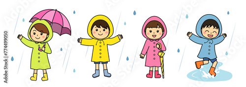 レインコート（雨カッパ）を着た少年少女（線あり）