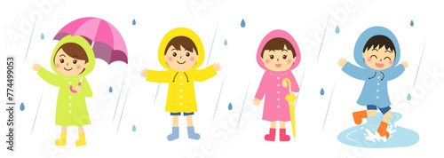 レインコート（雨カッパ）を着た少年少女（線なしフラットデザイン）