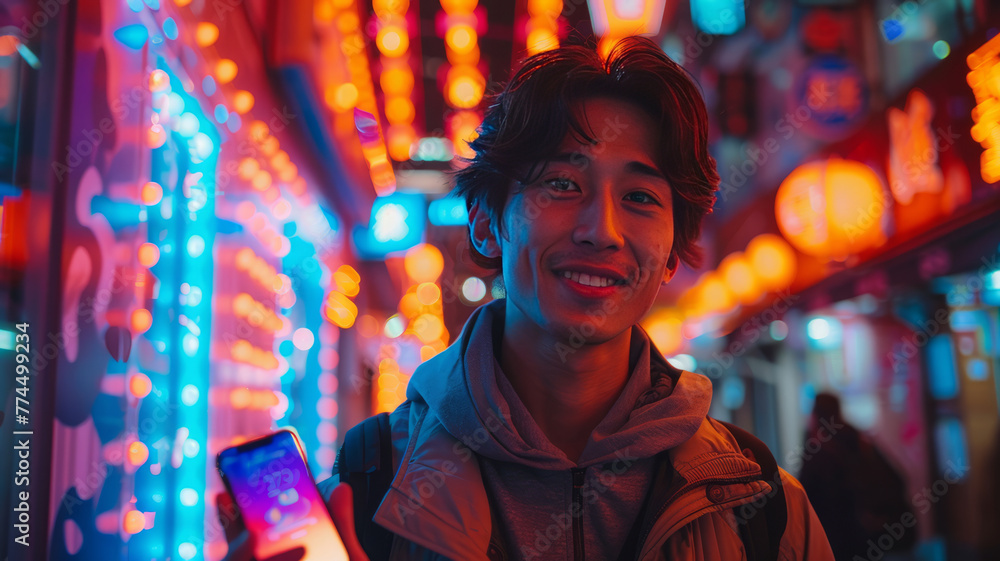 A man in front of the camera, showing his screen phone in the left hand and his screen laptop in the right.generative ai A man in front of the camera, showing his screen phone in the left hand and his screen laptop in the right.generative ai