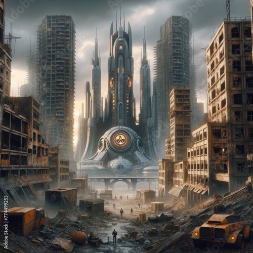 Dystopian cityscape with futuristic architecture
