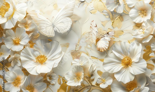 Fototapeta Naklejka Na Ścianę i Meble -  White butterflies on white with gold tint flowers painted with oil