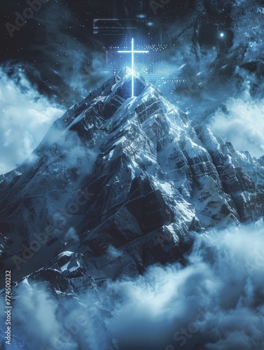 A modern depiction of spiritual ascent blending faith and technology on a mountain summit with a digital cross at its peak.