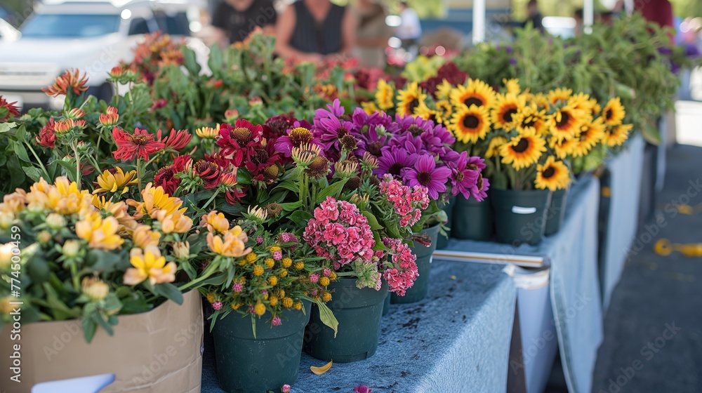 Colorful Bouquets of Fresh Flowers Lined Up on Farmers Market Stall in Daylight