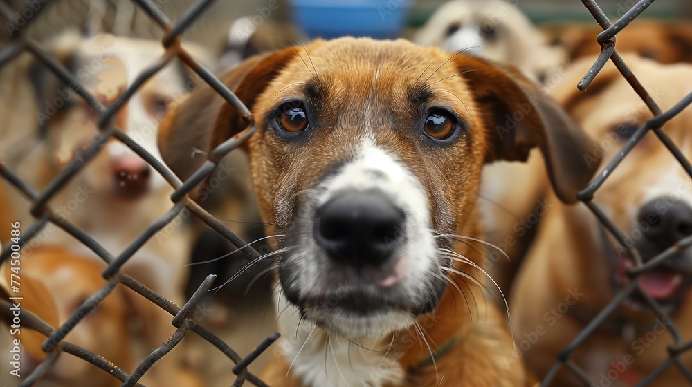 Close-Up of a Brown and White Dog Behind a Chain-Link Fence at an Animal Shelter