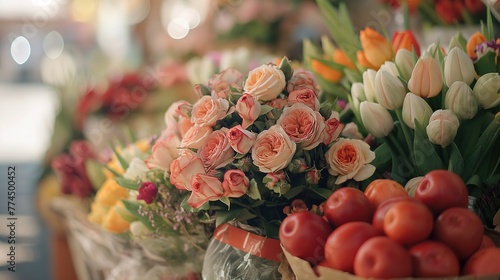 Vibrant Bouquets and Fresh Produce Displayed at a Bustling Local Market Stall