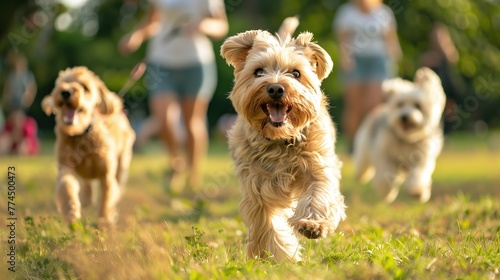 Energetic Dogs Playfully Running in a Sunny Park During Summer Afternoon