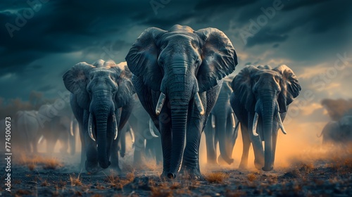 Herd of Mighty African Elephants Traversing the Wilderness in Dramatic Light © kiatipol