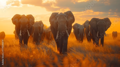 Majestic Herd of African Elephants Traversing the Golden Savannah at Sunset © kiatipol