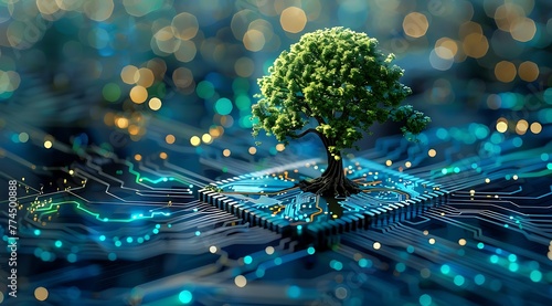 Eco friendly technology concept with tree growing on blue digital circuit board  photo