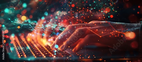 Close up of hands typing on a laptop. with a double exposure of an abstract futuristic network and technology background © MIX STOCK IMAGE