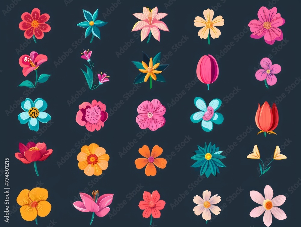 Colorful Flower Icons Set on Dark Background Colorful Flower Icons Set on Dark Background