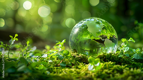 Glass globe encircled by verdant forest flora symbol, sustainability, ESG, and climate change awareness, The Environment Generative Ai