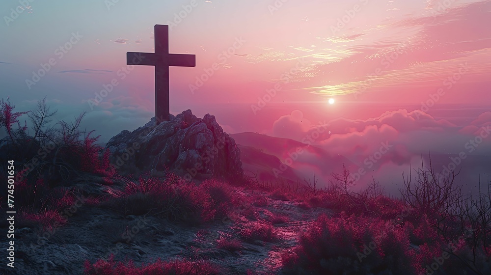 The dawn illuminates the silhouette of a cross on a hill, alongside geometric shapes, symbolizing financial clarity against a mauve backdrop. - obrazy, fototapety, plakaty 