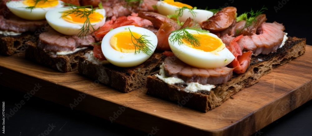 A rustic wooden cutting board displays a delicious sandwich made with fresh eggs and savory meat slices A rustic wooden cutting board displays a delicious sandwich made with fresh eggs and savory meat slices
