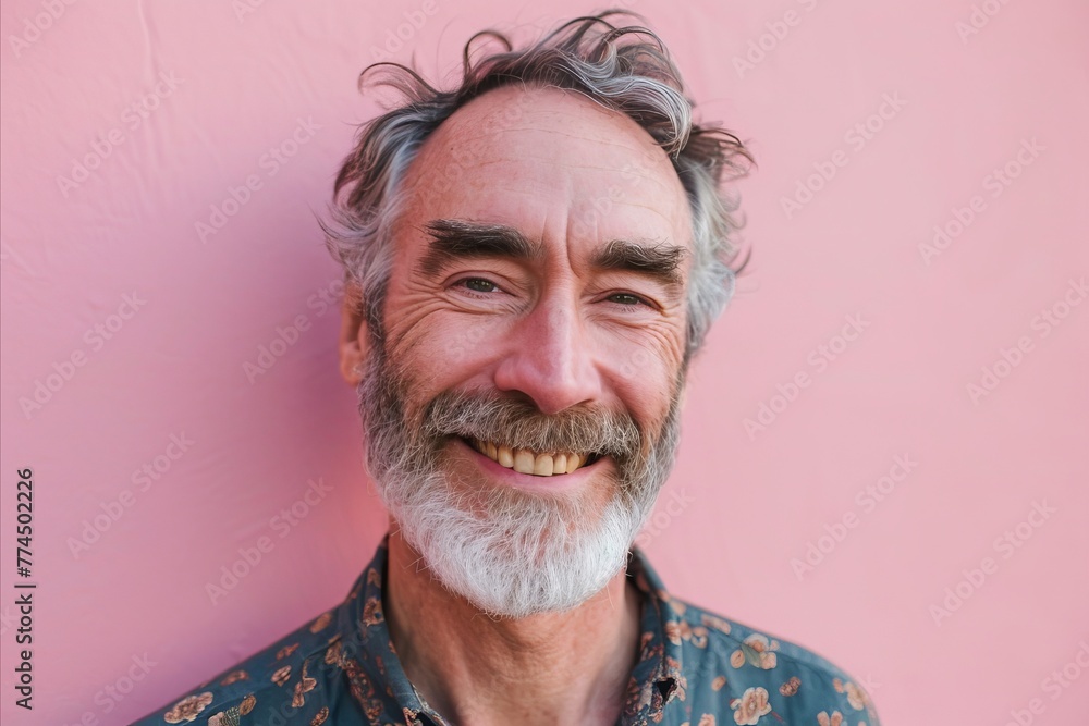 Close up portrait of handsome senior man with grey beard and mustache smiling against pink background