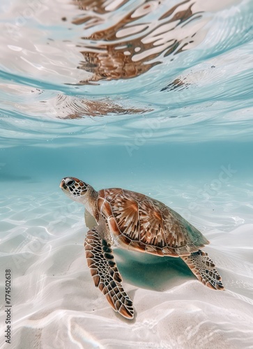 sea turtle swimming underwater white sand