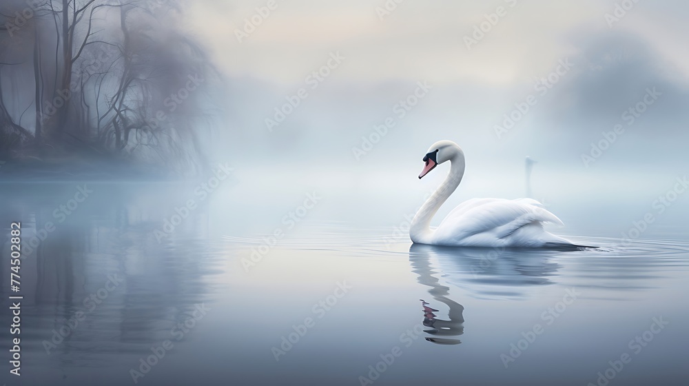 Grace in Motion: A Majestic Swan Glides Serenely Across a Mirror-like ...