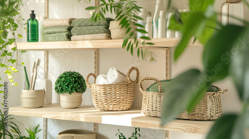 Clean and green laundry setup with soft towels, ivy plants, and eco-friendly containers. photo