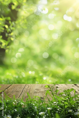 Serene Summer Morning With Sunlight Filtering Through Trees Onto a Wooden Deck and Fresh Green Grass