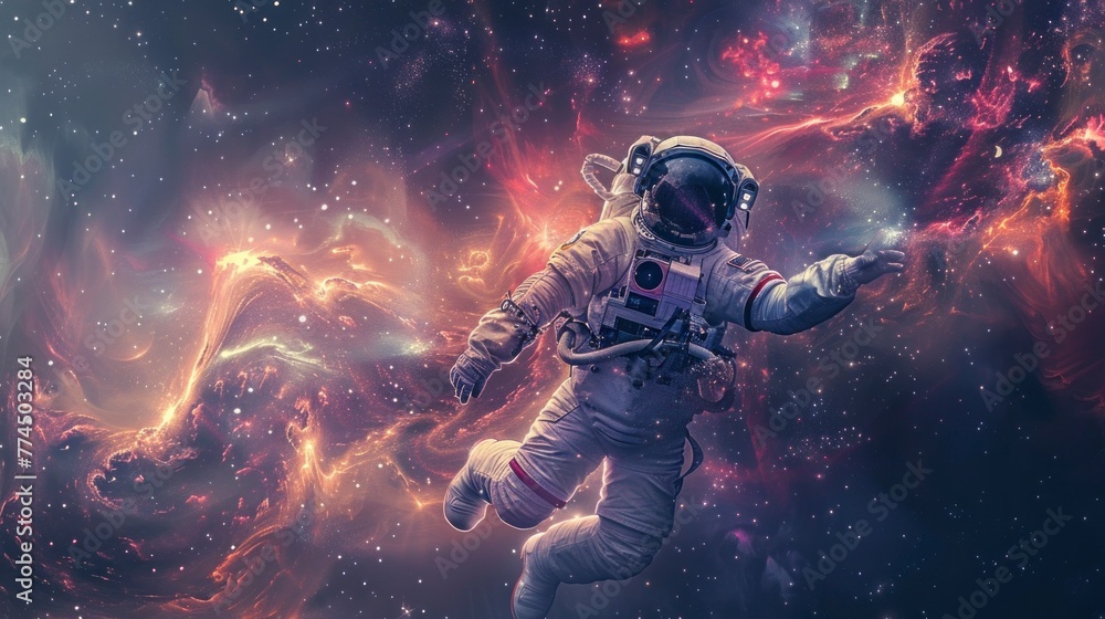 astronaut lost in space in a colorful nebula distorting space floating in high resolution and quality