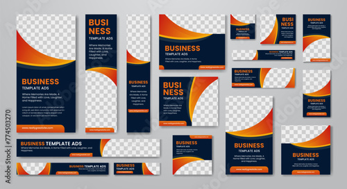 Website ads banner design template set, gradient orange and blue business template premium vector