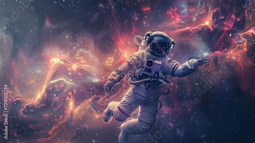 astronaut lost in space in a colorful nebula distorting space floating in high resolution and quality